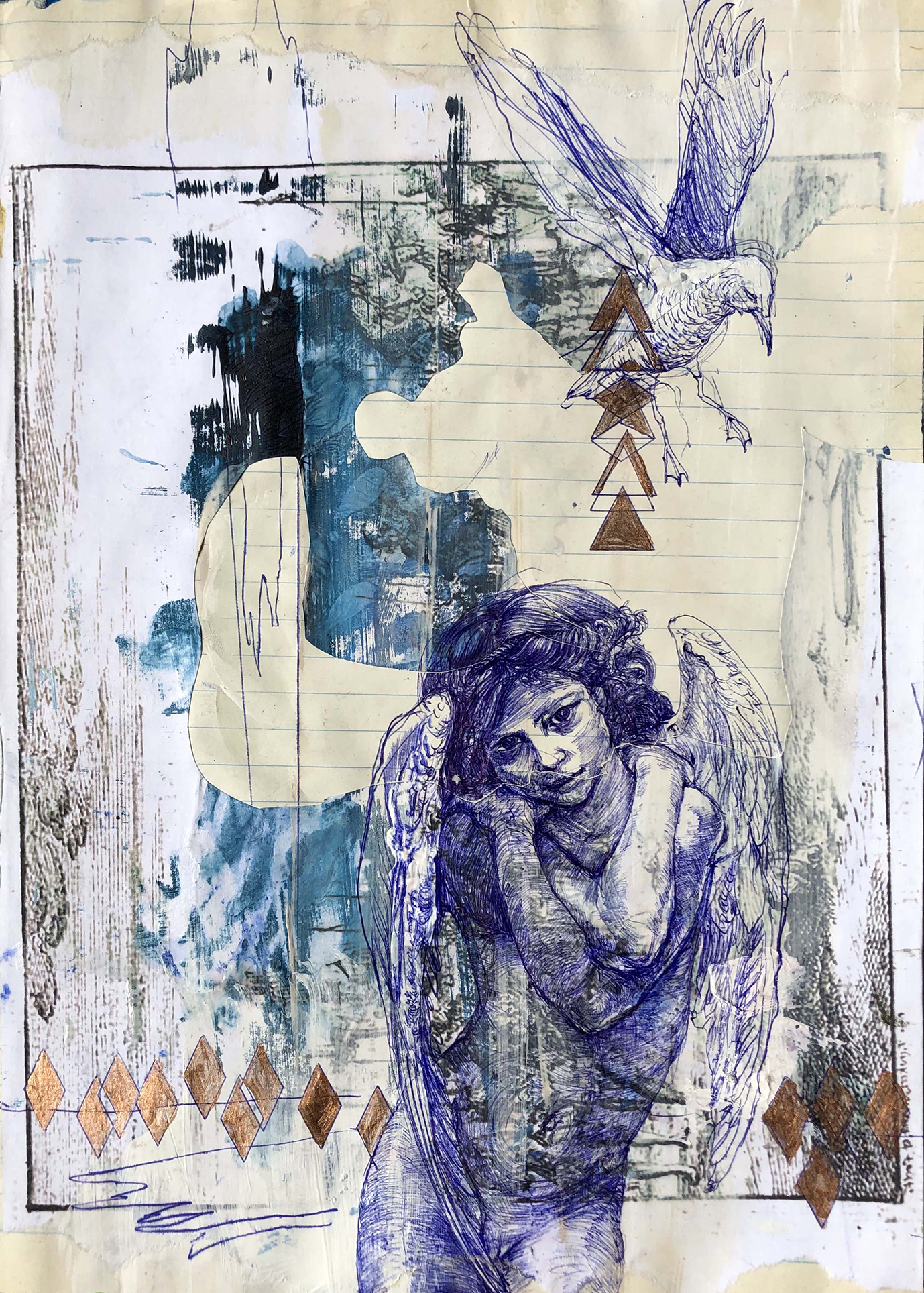 La Cupidone, stylo bille, collage et acrylique sur papier, 30 x 20 cm